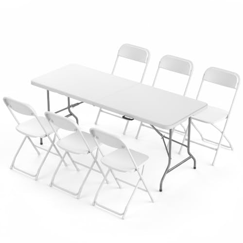 Sweetcrispy 6 FT Folding Picnic Table with 6 White Folding Chairs, Easy to Fold and Store, Foldable Table for Camping Picnic Dining Party Kitchen Outdoor Indoor with Carrying Handle - color: White, size: 6 FT Table With 6 Chair