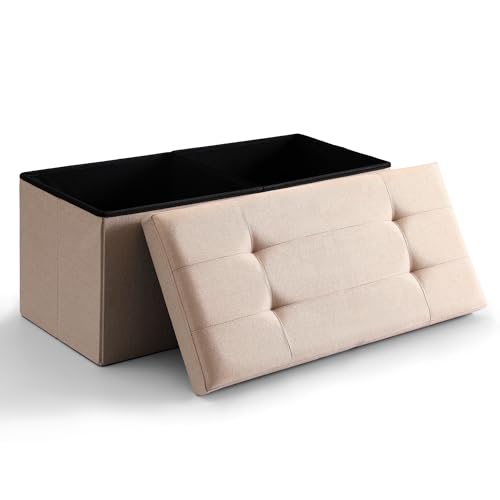 Storage Ottoman Bench Foldable Seat Footrest Shoe Bench End of Bed Storage with Flipping Lid, 75L Storage Space, 30 inches Linen Fabric Sandy Beige - color: Sandy Beige, size: 30" Flip
