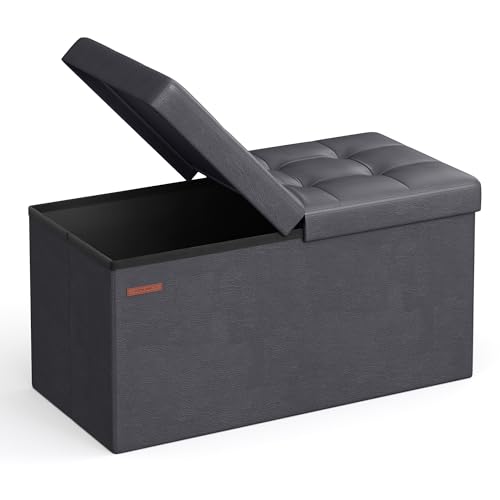 SONGMICS MAZIE Collection - 30 Inches Storage Ottoman Bench with Flipping Lid, Storage Chest Footstool, Load 660 lb, for Entryway, Living Room, Bedroom, Synthetic Leather, Dark Gray ULSF045G01 - color: Dark Gray, size: 15"D x 30"W x 15"H