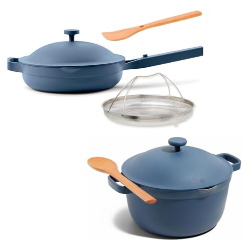 Our Place Cookware Duo | 7-Piece Ceramic Cookware Set with 10.5" Always Pan 2.0, 5.5 Qt Perfect Pot & Strainer Basket | Induction & Oven Safe up to 450°F | Nonstick, Non-Toxic Cookware | Blue Salt - color: Blue Salt, size: Standard