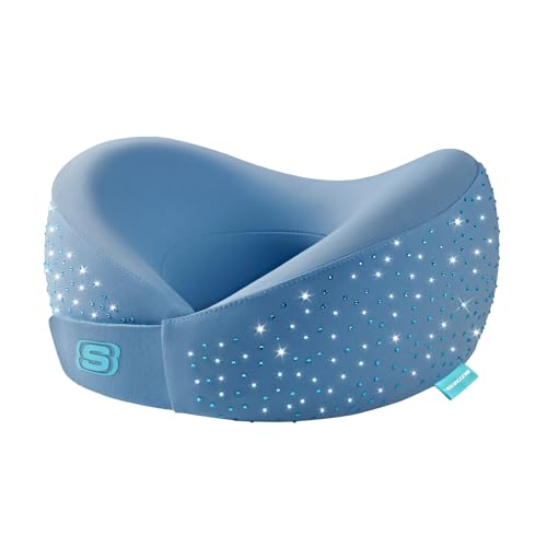 Skechers Shining Rhinestone Neck Pillow for Traveling,Memory Foam Bling Diamond Travel Neck Pillow for Airplane Travel Pillow for Flight Headrest Sleep, Portable Plane Accessories,Blue - color: Blue