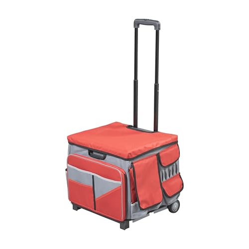 Mobile Folding Utility Cart with Canvas Storage Organizer Bag, Rolling Cart, Red/Grey - color: Red/Grey