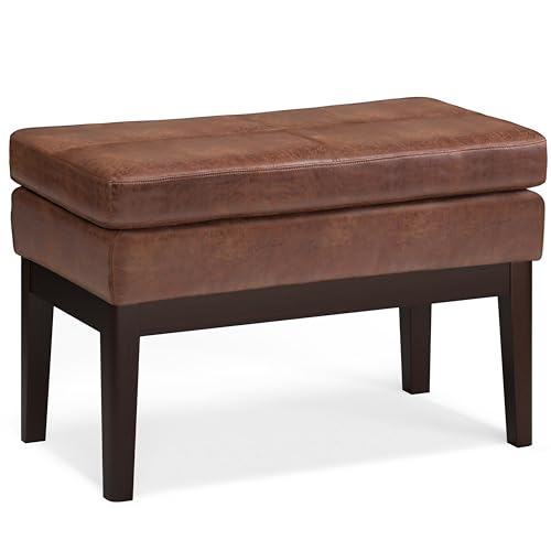 SIMPLIHOME Carlson Small Ottoman Bench - 27 inch Wide Upholstered Woven Fabric Rectangle Ottoman in Distressed Saddle Brown, Mid Century Modern Bench for Bedroom or Living Room with Padded Seat - color: Distressed Saddle Brown, style: Small Ottoman Bench