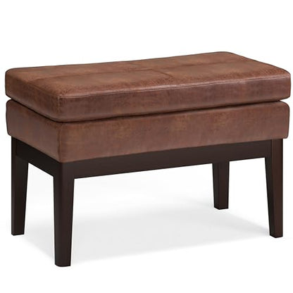 SIMPLIHOME Carlson Small Ottoman Bench - 27 inch Wide Upholstered Woven Fabric Rectangle Ottoman in Distressed Saddle Brown, Mid Century Modern Bench for Bedroom or Living Room with Padded Seat - color: Distressed Saddle Brown, style: Small Ottoman Bench