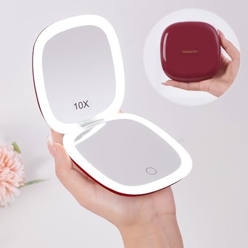 Mocado Compact LED Travel Makeup Mirror - 4 Inches 1X/10X Magnification Travel Mirror with Light Dimmable Double Sides Lighted USB Rechargeable Compact Mirror for Purse,Pocket,Travel(Wine Red) - color: Wine Red
