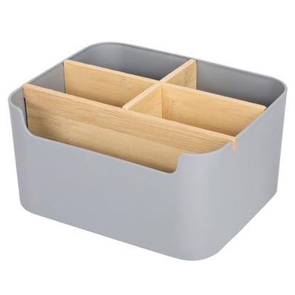 Segarty Gray Desk Storage Organizer, Detachable Divided Bamboo Remote Control Holder Caddy, Desktop Pen Pencil Holder Container Box for Office Supplies Home Bedside Table - color: Gray