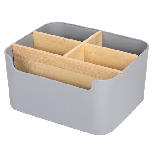 Segarty Gray Desk Storage Organizer, Detachable Divided Bamboo Remote Control Holder Caddy, Desktop Pen Pencil Holder Container Box for Office Supplies Home Bedside Table - color: Gray