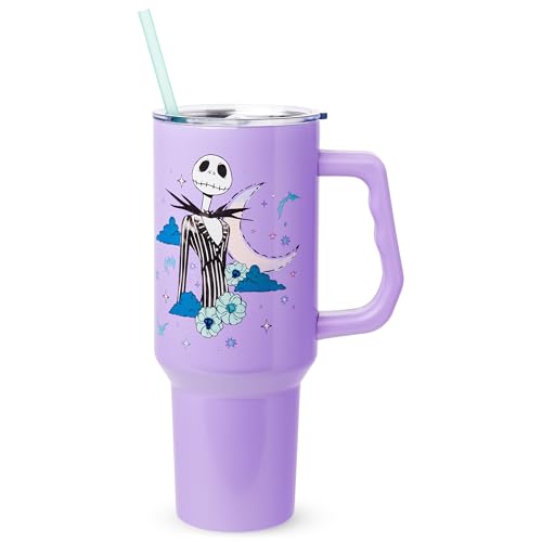 Silver Buffalo Disney Nightmare Before Christmas by Tim Burton Jack Skellington Double Walled Stainless Steel Tumbler with Handle and Straw, Fits in Standard Cup Holder, 40 Ounces - color: Nightmare Before Christmas Purple Twilight