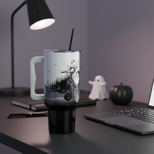 Silver Buffalo Disney Nightmare Before Christmas by Tim Burton Jack Skellington Hill and Moon Double Walled Stainless Steel Tumbler with Handle and Straw, Fits in Standard Cup Holder, 40 Ounces - color: Nightmare Before Christmas Hill and Moon Scene