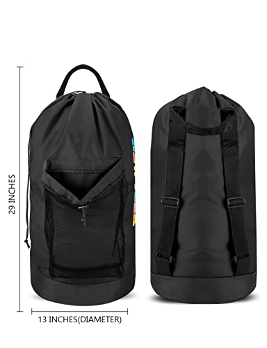 Dalykate Backpack Laundry Bag, Laundry Backpack with Shoulder Straps and Mesh Pocket Nylon Clothes Hamper Bag with Drawstring Closure - color: Black-1