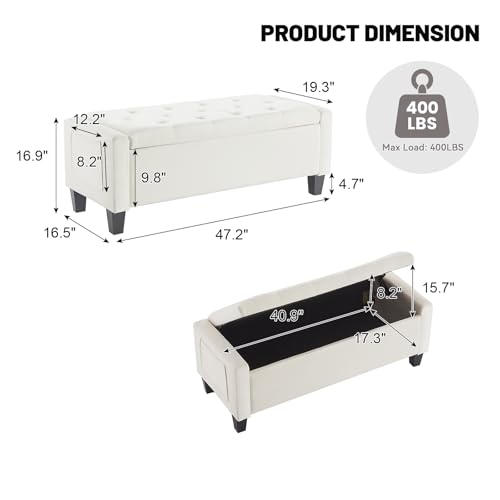 Velvet Storage Ottoman Bench for Bedroom, End of Bed Bench with Button, Side Storage Pockets, Organizer Storage Chest, Upholstered Foot Rest, Load up to 400 lb, for Living Room, Entryway, Beige