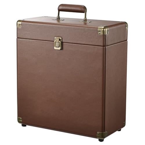 Costravio Vinyl Record Storage Case with Lock Record Organizer Box for 7/10/12 Inch 30+ Single Records Water Resistant Collapsible Storage Crate with Lid Handle for Valuable Album Collection Brown - color: Brown