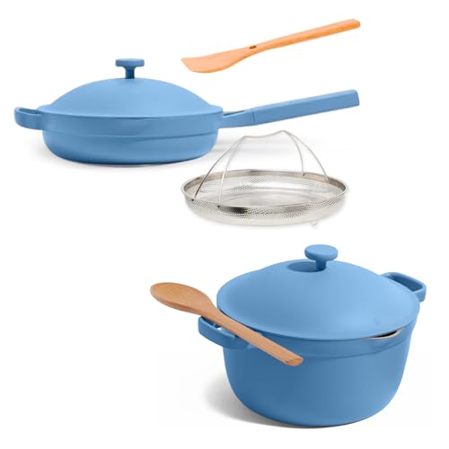 Our Place Cookware Duo | 7-Piece Ceramic Cookware Set with 10.5" Always Pan 2.0, 5.5 Qt Perfect Pot & Strainer Basket | Induction & Oven Safe up to 450°F | Nonstick, Non-Toxic | Forget-Me-Not Blue - color: Forget-Me-Not Blue, size: Standard