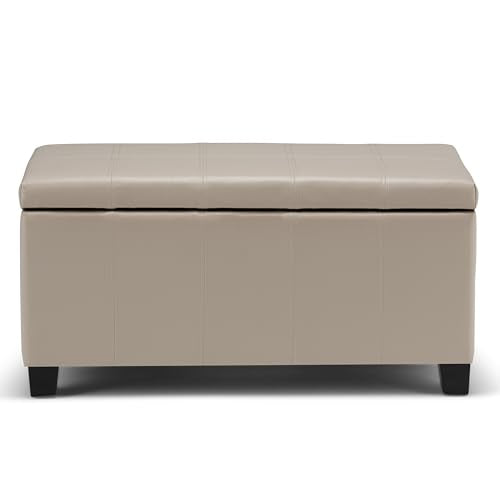 SIMPLIHOME Dover Storage Ottoman Bench - 36 inch Wide Upholstered Vegan Leather Rectangular Lift-Top Ottoman in Satin Cream, Contemporary Bench for Living Room with Safety Hinges - color: Satin Cream