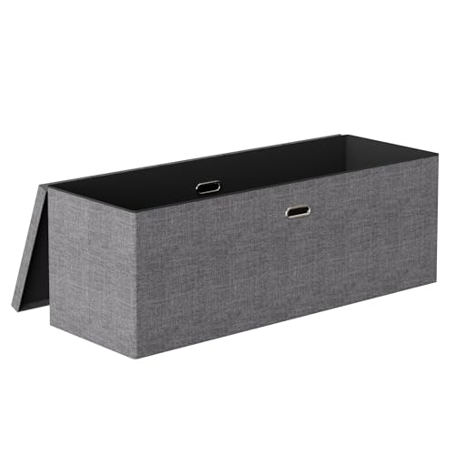 VECELO 43'' Folding Storage Ottoman Bench, End of Bed Linen Fabric Foot Rest Stool with Padded Seat, Large Footstools for Bedroom, Living Room, Load 660 lb, Grey