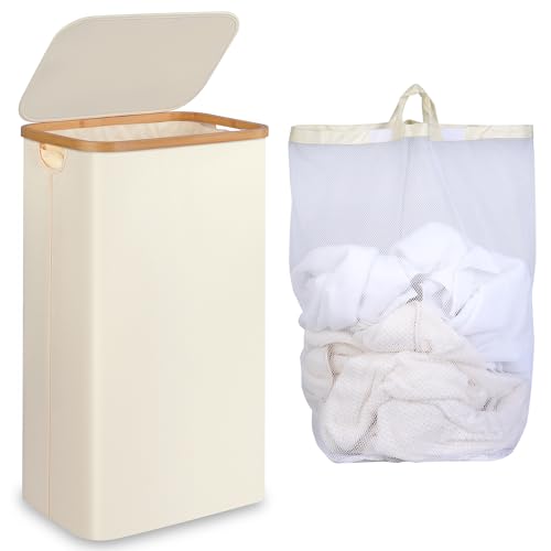 iEGrow Slim Laundry Hamper,75L Beige Narrow Laundry Basket with Lid,Foldable Clothes Hamper with Bamboo Handles,Hamper Basket with Removable Inner Bag for Laundry Room Bedroom College Dorm - color: Beige, size: 75L without Wheels