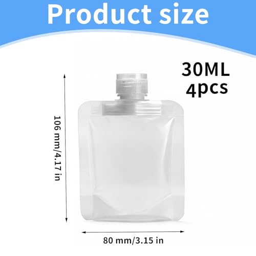 4 Pcs 30ml Refillable Travel Pouches for Toiletries, Reusable Liquid Travel Pouches for Liquids, Portable Fluid Packing Bags, Small Toiletry Pouch for Lotion Shampoo Conditioner Soap Liquids - size: 30ml