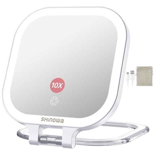 Shinowa Rechargeable Travel Makeup Mirror with 72 LED Lights, 1X/10X Magnifying Vanity Mirror with 3 Color Light, Folding Stand, 7 Inch Portable Dimmable Double Sided Compact Lighted Mirror, White - style: 7 Inch