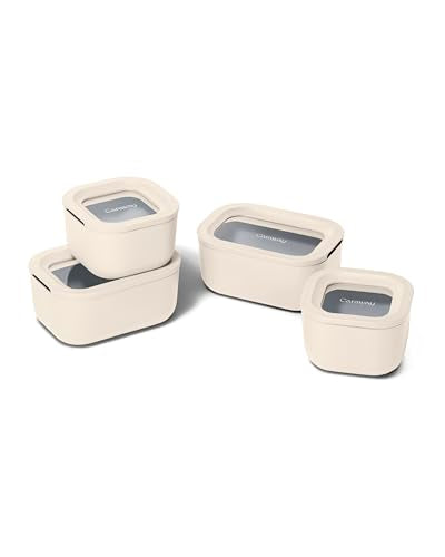 Caraway Mini Food Storage 9pc Set - Glass Storage Containers for Food - Non-Toxic Ceramic-Coated Glass - Air Release Technology - Compact & Stackable Design - Cream - color: Cream, size: Mini Food Storage Set (9x)