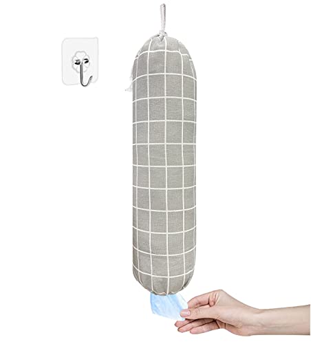 SYIPO Plastic Bag Holder, Wall Mount Organizer, Shopping Bags Carrier, Washable Large Grocery Storage Dispenser for Home Kitchen Travelling, Free Adjustment with Drawstring (Check Gray) - color: Check Gray
