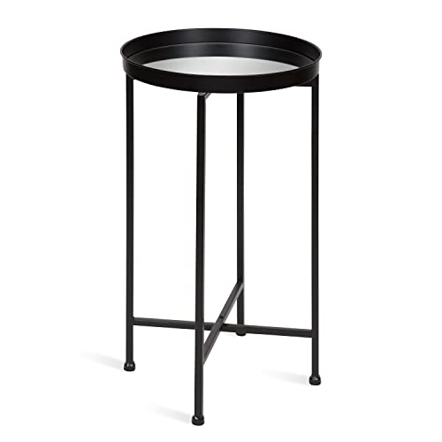 Kate and Laurel Celia Round Metal Foldable Accent Table with Mirror Tray Top, Black - color: Black/Mirror