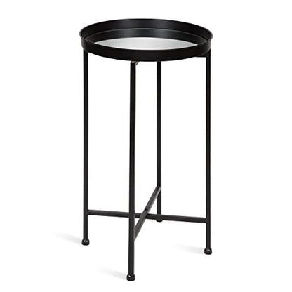 Kate and Laurel Celia Round Metal Foldable Accent Table with Mirror Tray Top, Black - color: Black/Mirror