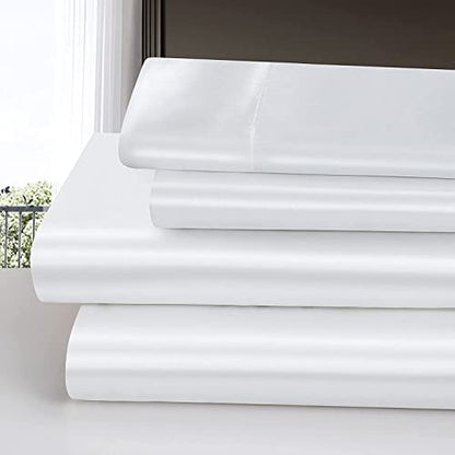Homiest 3pcs Satin Sheets Set Luxury Silky Satin Bedding Set with Deep Pocket, 1 Fitted Sheet + 1 Flat Sheet + 1 Pillowcase (Twin XL Size, White) - color: White, size: Deep pocket - Twin XL size