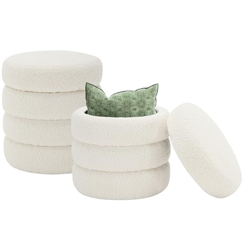 Krcix Round Ottoman with Storage Boucle Ottoman Stool with Storage Removable Lid for Living Room Modern Vanity Sorage Stool Foot Rest Bedroom Dorm Gifts Set of 2 (White) - color: White, size: set of 2
