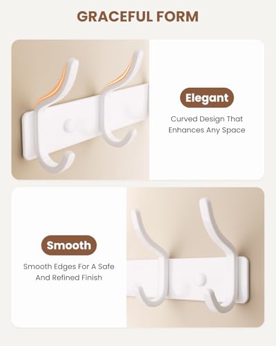 Wall Mounted Coat Rack (White, 1 Pack) - Aluminum 6-Hook Rack with Curved Hooks, Drill Installation, Holds Coats, Towels, and Bags, Ideal for Entryway or Office