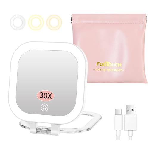 FUNTOUCH Rechargeable Travel Makeup Mirror, 30X/1X Rechargeable Double Sides Magnifying Mirror with 3 Light Settings & Adjustable Brightness,Compact Mirror with PU Bag Valentine's Day Gift, White - color: White-c