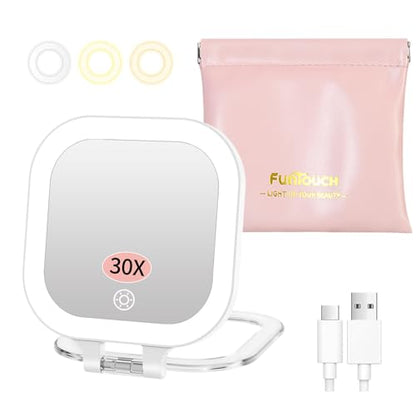 FUNTOUCH Rechargeable Travel Makeup Mirror, 30X/1X Rechargeable Double Sides Magnifying Mirror with 3 Light Settings & Adjustable Brightness,Compact Mirror with PU Bag Valentine's Day Gift, White - color: White-c