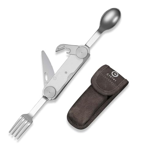 CIVIVI Partake 4-in-1 Camping Utensil, Detachable Stainless Steel Folding Knife, Fork, Spoon & Bottle Opener Multi-Tool, with Waxed Canvas Pouch for Travel Camping Hiking, C24032C-3, Silver - color: Silver