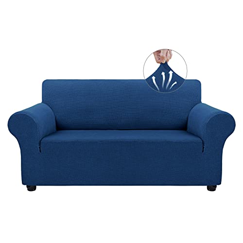 Asnomy Sofa Covers for 2 Cushion Couch Stretch loveseat Covers Slipcovers, Pet Protector Furniture Covers for Dogs Cats Spandex Jacquard Fabric Small Checks （Medium，Classic Blue） - color: Classic Blue, size: Medium