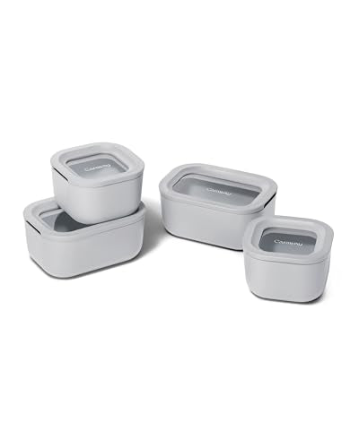 Caraway Mini Food Storage 9pc Set - Glass Storage Containers for Food - Non-Toxic Ceramic-Coated Glass - Air Release Technology - Compact & Stackable Design - Gray - color: Gray, size: Mini Food Storage Set (9x)