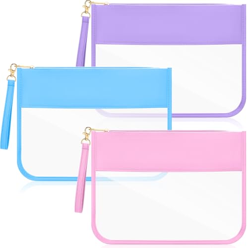 Sanwuta 3 Pcs Clear Flat Zipper Pouches for Travel Women, Nylon Waterproof PVC Makeup Snack Bags Set Organizer Portable Storage DIY Chenille Letter Beach Stuff Toiletry Gym (Pink, Blue, Purple) - color: Pink, Blue, Purple