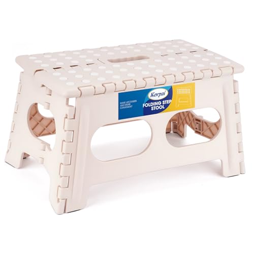 Korpai 9" Folding Step Stool for Adults and Kids 15-Inch Extra Wide Stool Holds Up to 300 lbs,Non-Slip Folding Stools with Handle,Compact Plastic Foldable Step Stool for Bathroom,Kitchen,ect Khaki - color: Khaki, size: 9 Inch
