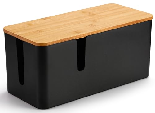 ZhiYo Bamboo Lid Cord Organizer Box, Safe ABS Cable Management Box for TV and Computer, Wood Cover Cord Hider to Hide Wires, Router, USB Hub & Under Desk Power Strip, 1 Pack L13.1 xW5.6 xH5.6 Black - color: Black, size: Large