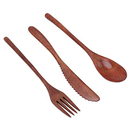 3-Piece Wooden Cutlery Set, Portable Reusable Wooden Utensil Set Including Spoon Fork Knife and Box for Lunch, Camping, Family and Office