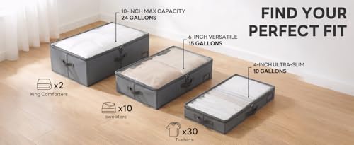 4" Low Profile Under Bed Storage Bins (3-Pack, Grey), Slim 600D Oxford Fabric Clothes Organizer Box with Reinforced Leather Handles, Sturdy Clear Lid - size: 4-Inch (3-PACK) - Slim