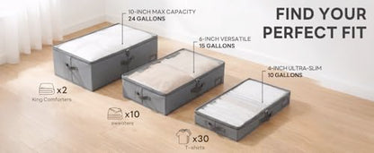 4" Low Profile Under Bed Storage Bins (3-Pack, Grey), Slim 600D Oxford Fabric Clothes Organizer Box with Reinforced Leather Handles, Sturdy Clear Lid - size: 4-Inch (3-PACK) - Slim