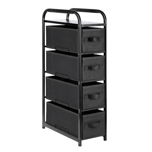 MAX Houser 4 Drawer Narrow Dresser Fabric Storage Tower Vertical Slim Storage Chest Organizer Nightstand Side/End Table Small Standing Organizer Removable Drawers Wood Top for Bedroom, Bathroom（Black - color: Black4