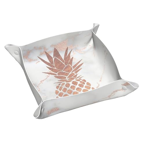 Faux Rose Gold foil Pineapple on Pink Marble Leather Vanity Tray Desktop Storage Organizer Decor Catchall Perfume Bathroom Valet Tray Nightstand Caddy Holder for Keys Phone Wallet Coin Jewelry, S - color: Faux Rose Gold Foil Pineapple on Pink Marble, size