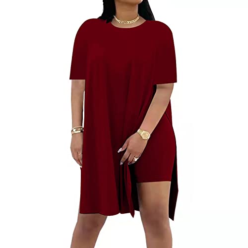 AXOSY Women Plus Size 2 Piece Outfits | Short Sleeve Tunic Tops, Skinny Biker Shorts, Comfortable Tracksuits, Soft Summer Sets, Breathable Material - color: Wine Red, size: Medium