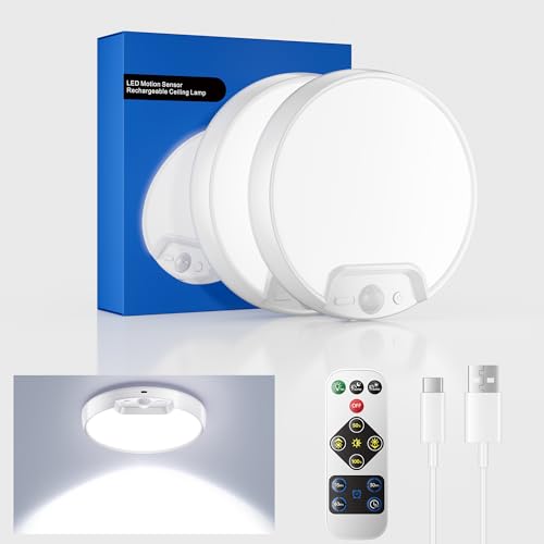 Homelist 2 Pack Upgraded Rechargeable Motion Sensor Ceiling Light, Battery-Powered Ceiling Light with Remote for Closet Stairs Shower Shed Hallway Porch-6000K Cool White - color: Cool White - 6000K, size: 2 Pack