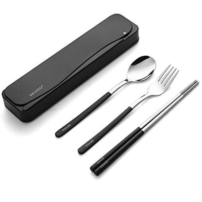 DEVICO Travel Utensils, 18/8 Stainless Steel 4pcs Cutlery Set Portable Camp Reusable Flatware Silverware, Include Fork Spoon Chopsticks with Case (Black) - color: Black