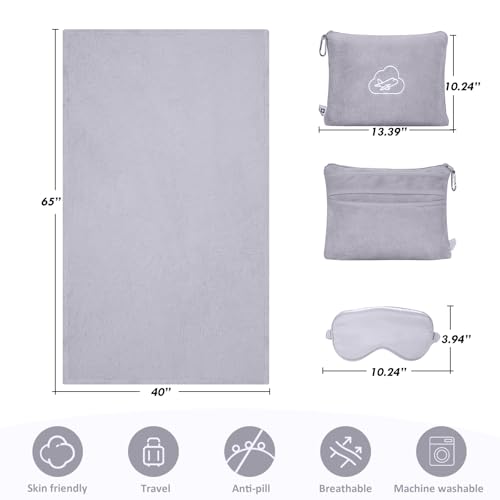 Travel Blanket Pillow,Airplane Blanket Compact with Bag Eye Mask, Ultra-Soft,Warm & Lightweight Included,Travel Essentials for Women & Men, Luggage Sleeve & Backpack Clip 65x40 in, Grey - color: Grey
