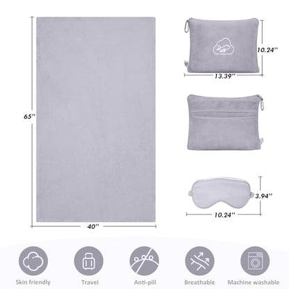 Travel Blanket Pillow,Airplane Blanket Compact with Bag Eye Mask, Ultra-Soft,Warm & Lightweight Included,Travel Essentials for Women & Men, Luggage Sleeve & Backpack Clip 65x40 in, Grey - color: Grey