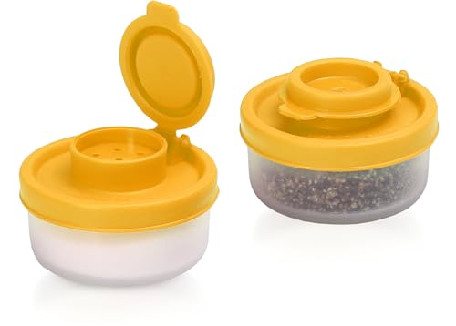 SIGNORAWARE Salt and Pepper Shakers Moisture Proof Set of 2 Small Mini Salt Shaker to go Camping Picnic Outdoors Kitchen Lunch Boxes Travel Spice Set Clear with Red Covers Plastic Airtight Dispenser - color: Yellow
