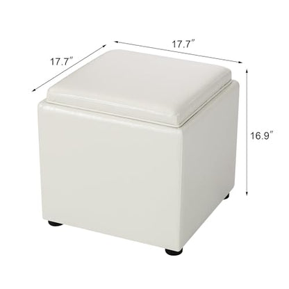 Adeco 17" White Storage Ottoman Cube with Tray Lid, Small Footstool with Storage, Square End Table for Living Room & Bedroom - color: White Leather With Tray