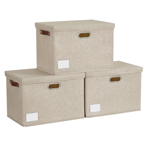 15" Large Collapsible Storage Bins with Lids, Stackable Closet Organizers with PU Handle and Labels, 3-Pack Decorative Fabric Storage Boxes for Home, Bedroom, Closet, Office, Nursery(Khaki) - color: khaki, size: Medium-15"